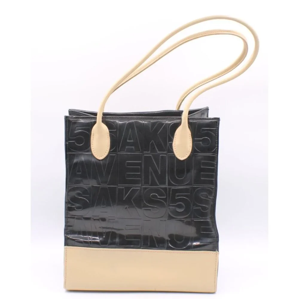 Saks Fifth Ave Black Tan Embossed Logo Reusable Tote Bag Laminated PP 10x9